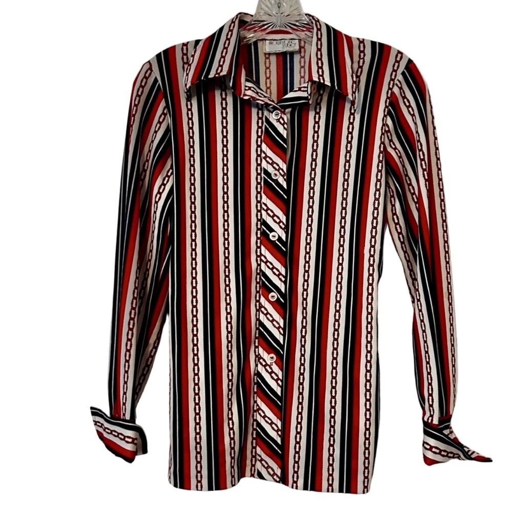 Vintage 70s Brownstone Studio Striped Chain Print Blouse Size 12